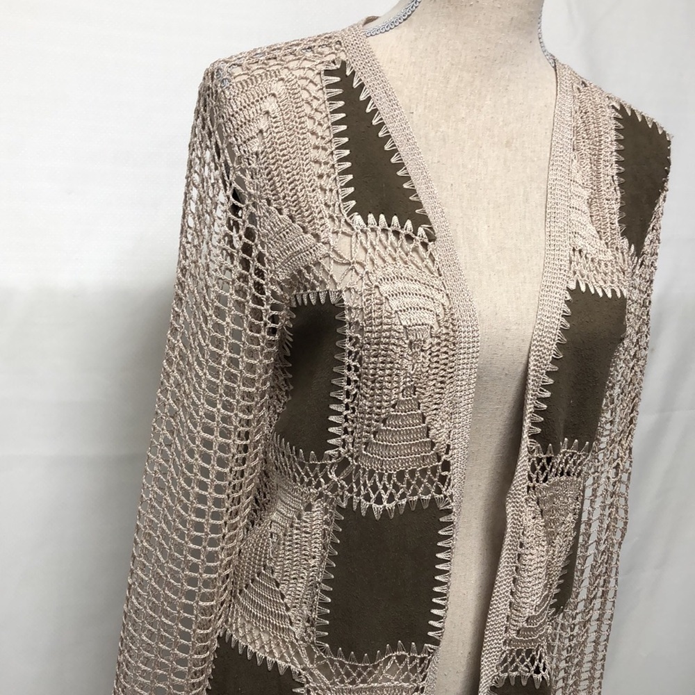 Chico’s faux suede patchwork crocheted cardigan. - Picture 3 of 12